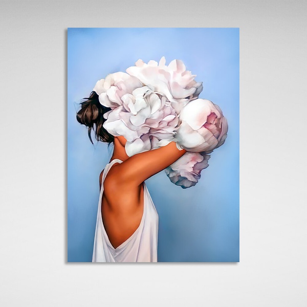Картина на холсті інтер'єрна Дівчина з білими квітами на голові блакитна, 30х40 см, Холст поліестеровий